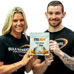 Bulk Ambassadors Lindsay Perry and Sam Brereton holding a 396g pouch of Bulk Nutrient's HASTA approved Pre Workout 101 in Berry Lemonade flavour. Certified to crush workouts, Pre Workout 101 offers sustained energy, more focus and no crash. Available in 396g pouches and a range of great flavours.