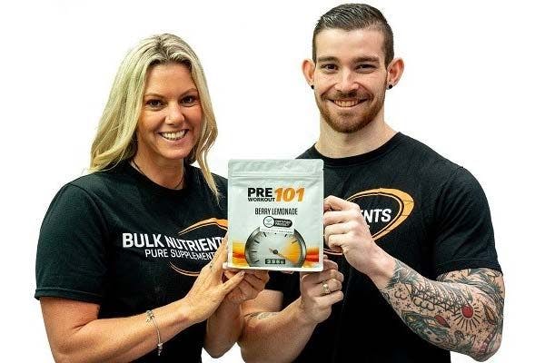Bulk Ambassadors Lindsay Perry and Sam Brereton holding Bulk Nutrient's Pre Workout 101. Certified to crush workouts, Pre Workout 101 offers sustained energy, more focus and no crash. Available in a range of great flavours. Available in 396g pouches.